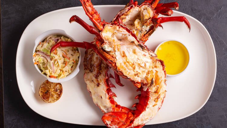 Crab and lobster tail plated with drawn butter at fine dining