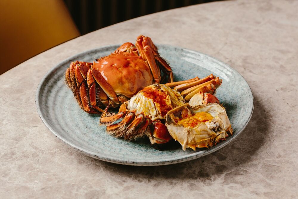 Steamed whole crab plated on a grey stoneware dish